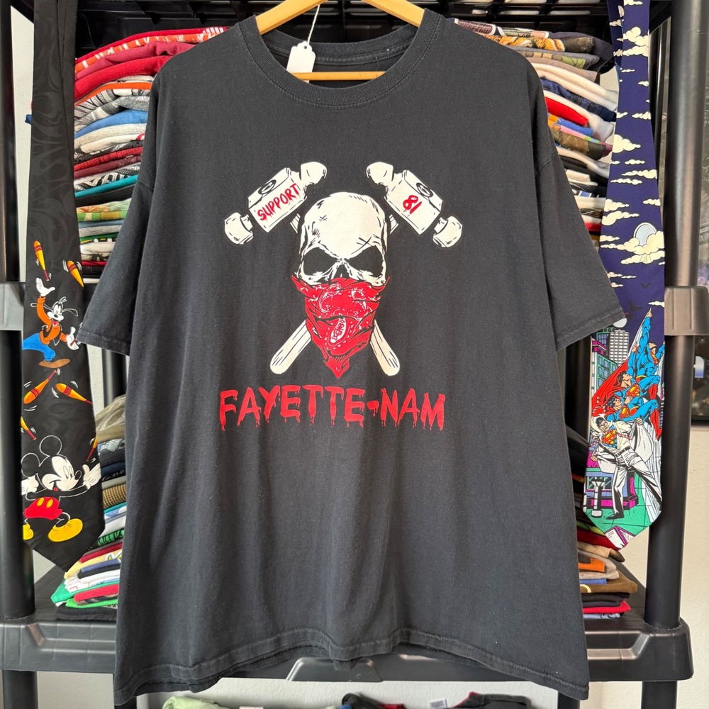 Vintage Black Fayette-Nam Support 81 Skull Graphic T-Shirt XXL